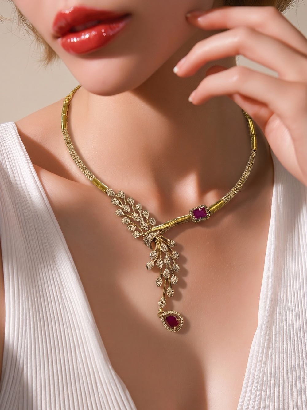 Gold-Tone Necklace and Earrings Set with Pink Gem Accents